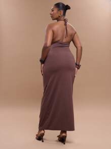 MUSERA 加大码露背深V领修身垂褶系带长裙，毕业季性感可爱优雅度假飘逸百搭长裙，夏季度假必备 - 咖啡棕 - 查看 3