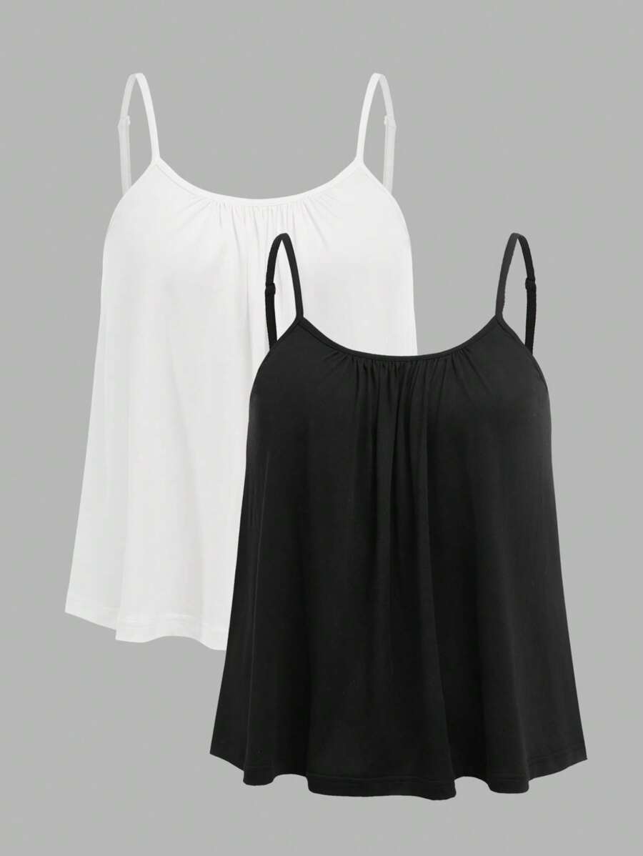 SHEIN EZwear 2pcs Plus Size Women Solid Color Ruched Loose Camisole, Adjustable Shoulder Strap, Suitable For Spring/Summer - Black and White - View 1