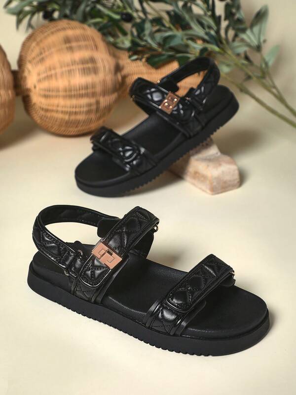 SHUZIA Hot Most Wanted Women's 3cm Platform Quilted Strap Black Sandals - Gold Accent & Puff Cushion Spring 2025 | Luxury Slides With Adjustable Buckle