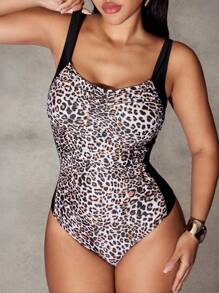 SHEIN Swim ملابس سباحة قطعة واحدة للنساء مزخرفة برقع بنمط فهد، مثالية للشاطئ أو العطلات - متعدد الألوان - مشاهدة 5