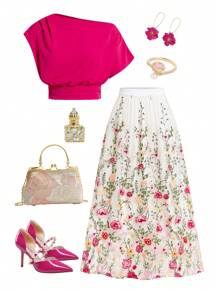 Ellevyn 2 件套优雅度假花卉印花圆领短袖衬衫和刺绣网眼松紧腰中裙套装女士