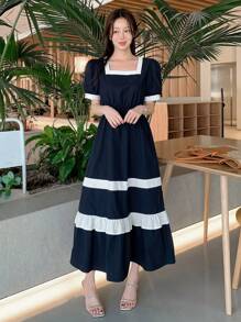 DAZY Nuevo vestido largo de mujer con bloques de color para primavera/verano, adecuado para citas y salidas nocturnas - Azul - Ver 5