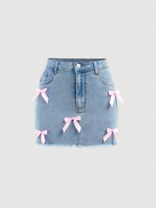 SHEIN 少女粉色蝴蝶结和蓝色牛仔弹力修身迷你裙 - 淺色水洗藍 - 查看 2