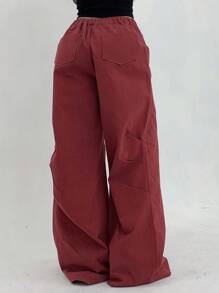 Women's Red Low Waist Loose Wide Leg Pants - Red - View 5