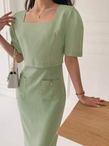 DAZY Damen Einfarbiges Midi-Kleid mit kurzen Ärmeln und geraffter Taille, elegant