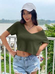 SHEIN EZwear 女式军绿色 V 领短袖华夫格针织短款 T 恤，夏季 - 軍綠色 - 查看 5