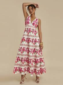 Travachic Urlaubs V-Ausschnitt Blume Muster Rüschen A-Linie romantisches Kleid für Frauen