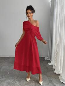 Rafferiza Women's Elegant Long Solid Color Dress With Shawl Collar, Spring/Summer - Red - View 7