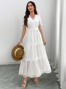 EMERY ROSE Women Solid Color Contrast Lace V-Neck Short Sleeve Dress