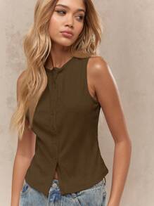 MISSGUIDED Blusa de verano de trabajo de oficina con botones, sin mangas, ajustada, de vestir casual, profesional y básica esencial