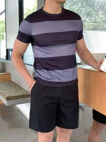 SHEIN 青少年男孩黑灰条纹宽松T恤和黑色短裤套装，休闲学院风，舒适百搭，适合日常穿着、上学、郊游、运动、海滩度假 - 彩色 - 查看 2