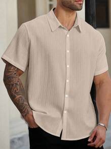 Manfinity Homme 大码男士纯色短袖单排扣休闲工作衬衫 - 杏色 - 查看 6