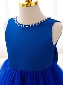SHEIN Glamorique Kids 女童婴儿海军蓝珍珠和蝴蝶结装饰网眼派对连衣裙，适合晚会/生日派对/表演，夏季 - 寶藍色 - 查看 7