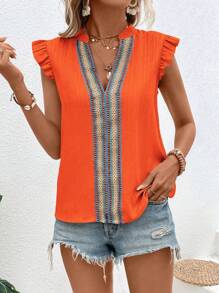 EMERY ROSE Camisa casual de vacaciones con cuello en V, ribete de volantes y estampado floral aleatorio
