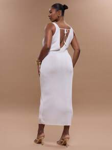 MUSERA Plus Plunge V Neck Ring Shoulder Detail Knit Fitted Maxi Dress Graduation Sexy Cute Elegant Holiday Evening Party Elegant - Cream - View 3