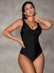 SHEIN Swim 1 pièce Maillot de bain une pièce pour femme avec design croisé de couleur unie - Noir - Voir 6
