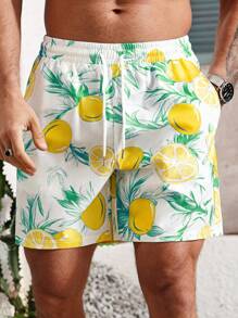 Surfspeed Men's Fruit Print Drawstring Waist Beach Shorts, Holiday Casual Men Swim Trunks,Hawaiian - Green - View 5