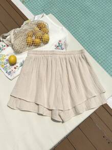 SHEIN EZwear Plus Size Woven Waist Tie Ruffle Hem Holiday Shorts, Spring - Apricot - View 2