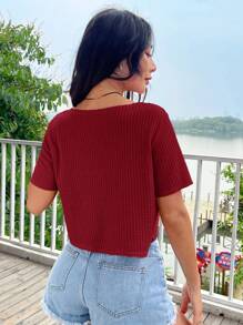 SHEIN EZwear Women's Knitted Red Short Sleeve V-Neck Cropped T-Shirt, Waffle Knit Crop Top For Summer