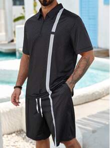 Manfinity RSRT Plus Size Men's Polo Shirt And Shorts Set, Fashion Summer Outfit - Black - View 5