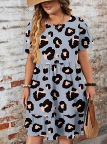 EMERY ROSE Casual Loose Round Neck Leopard Print Short Sleeve Plus Size Dress, Suitable For Spring/Summer - Multicolor - View 4