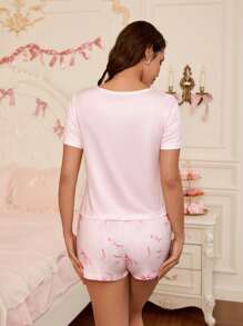 2pcs Women Bow & Heart Print Pajama Set - Multicolor - View 2