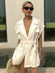 Livesso Women's Vacation Casual Solid Color Lightweight Blazer Jacket Linen Business Attire - White - View 3