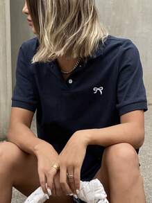 Livesso 蝴蝶刺绣 Polo 领短袖修身女式 T 恤夏季商务休闲女式学院风上衣 - 藏蓝色 - 查看 6