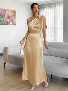 EURMUSE Chimpagne Color Tie Detail Satin Dress - Champagne - View 6