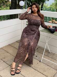 Dazy Plus Plus Size Leopard Print Contrast Mesh Long Sleeve Street Style Dress, Spring/Fall - Coffee Brown - View 8
