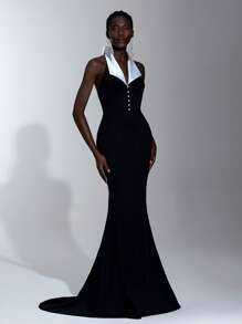 SHEIN Belle 优雅的黑白对比露背性感露背 3D 蝴蝶结珍珠链吊坠美人鱼尾款式，适合度假、约会、单身派对、生日、毕业典礼、婚礼、正式晚礼服、礼服、晚会、婚礼宾客 - 黑與白 - 查看 7