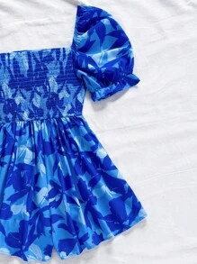 Soleia 女士蓝色印花方领泡泡袖荷叶边拼接收腰阔腿连体裤，度假风 - 彩色 - 查看 4