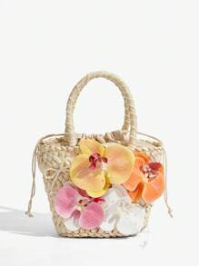 SHEIN ICON Bolsos de asa superior para mujeres, bolso de paja, flores, lazo de perlas, perlas, de moda, elegante, simple, personalizado, versátil, callejero, dulce y fresco para chicas, chicas calientes, Y2K, para playa, vacaciones, festividades, verano, orilla del mar