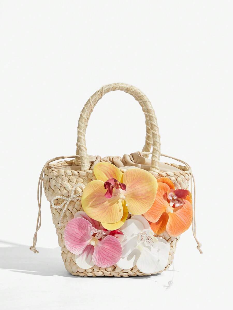 SHEIN ICON Bolsos de asa superior para mujeres, bolso de paja, flores, lazo de perlas, perlas, de moda, elegante, simple, personalizado, versátil, callejero, dulce y fresco para chicas, chicas calientes, Y2K, para playa, vacaciones, festividades, verano, orilla del mar