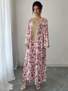 SHEIN Najma Elegant Floral Print Contrast Lace Bell Sleeve Arabic Dress, Modest Kaftan - Pink - View 5
