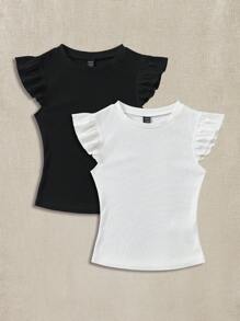 Soleia Set de 2 camisetas de manga corta, de cuello redondo y de punto acanalado, que se ajustan a la forma - outfit de verano lindo