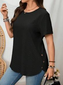 SHEIN LUNE Camiseta casual de talla grande de unicolor con cuello redondo y manga corta - Negro - Ver 8