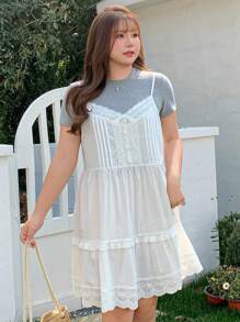 Dazy Plus Contrast Lace A-Line Long Casual Summer Tank Tops & Cami For Teen Girls,Ruffle