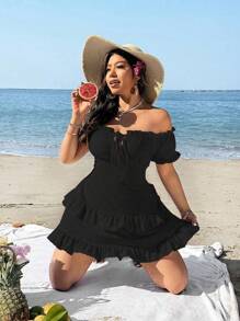 SHEIN SunnyBelle 加大码露肩纯色休闲修身提花镂空下摆荷叶边迷你连衣裙，适合度假海滩装，夏季 - 黑色 - 查看 4