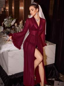 SilkySpell 女士性感透明网眼蕾丝内衣睡袍睡衣 - 酒紅色 - 查看 4