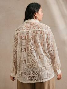 Anewsta New Fashion Women Elegant White Hollow Cashmere Embroidered Jacquard Blouse, Suitable For Spring, Festivals, Holidays, Business Casual, Elegant - Apricot - View 2