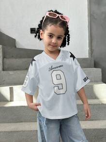 Young Girls Fashion Loose Fit Numeric Pattern Round Neck Casual T-Shirt - Silver - View 3