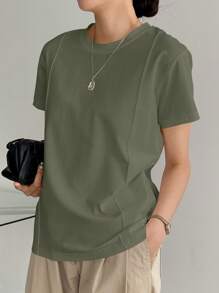 Dazy-Less Kaos Wanita Lengan Pendek Warna Polos Minimalis dengan Detail Garis Patchwork, Gaya Klasik, Kasual Bisnis untuk Wanita - Olive Green - View 4