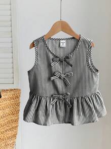 SHEIN 年轻女孩可爱粉色条纹蝴蝶结无袖衬衫，百搭夏季 - 黑色 - 查看 8