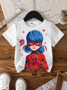 Miraculous Ladybug X SHEIN Young Girl Cartoon Graphic White Round Neck Casual Summer T-Shirt