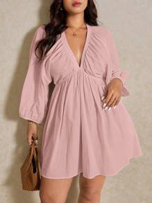 Elaquor Vestido informal de talla grande para vacaciones, de unicolor y manga de farol - Rosa vieja - Ver 5