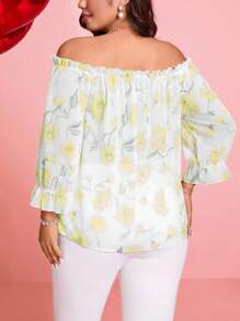 SHEIN Clasi 时尚女士雪纺露肩系带弹力袖口设计衬衫，休闲优雅百搭，适合通勤，春夏秋季，加大码，粉色碎花白色，情人节