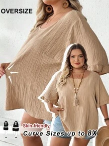 SHEIN CURVE+ Áo kiểu kaki cỡ lớn dành cho nữ, tay ngắn xếp bèo, vạt áo rộng rãi, phù hợp cho mặc hàng ngày và đi nghỉ mát, mùa hè, dành cho người có thân hình đầy đặn, phong cách boho đi biển cho nữ, kỳ nghỉ biển, đồ cần thiết khi đi biển, lễ tốt nghiệp, tiệc trà. - Màu be - Xem 8