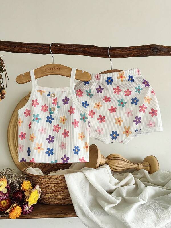 Vintaside Kids Baby Girl Ditsy Floral Casual Tank Top With Elastic Waist Shorts 2 Pieces Set, Suitable For Home And Outdoor, Spring