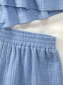 SHEIN Conjunto de top con chaleco de cárdigan con volantes y lazos y shorts de línea A con cintura con lazo, de color azul texturizado, suave y amigable con la piel, para adolescentes, ropa de verano, atuendos de vacaciones, atuendos de playa, ropa de estar en casa, vacaciones en el campo